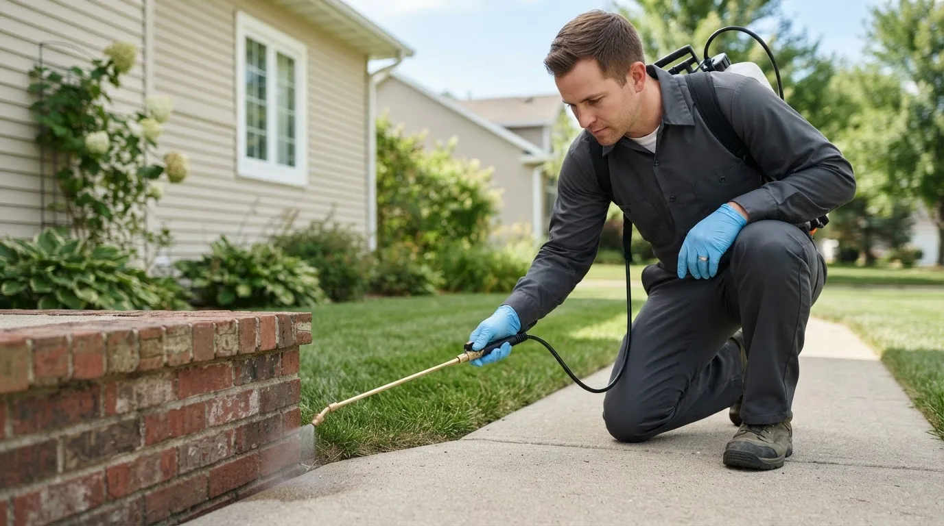 Pest control technician treating a home near Thomas, OK